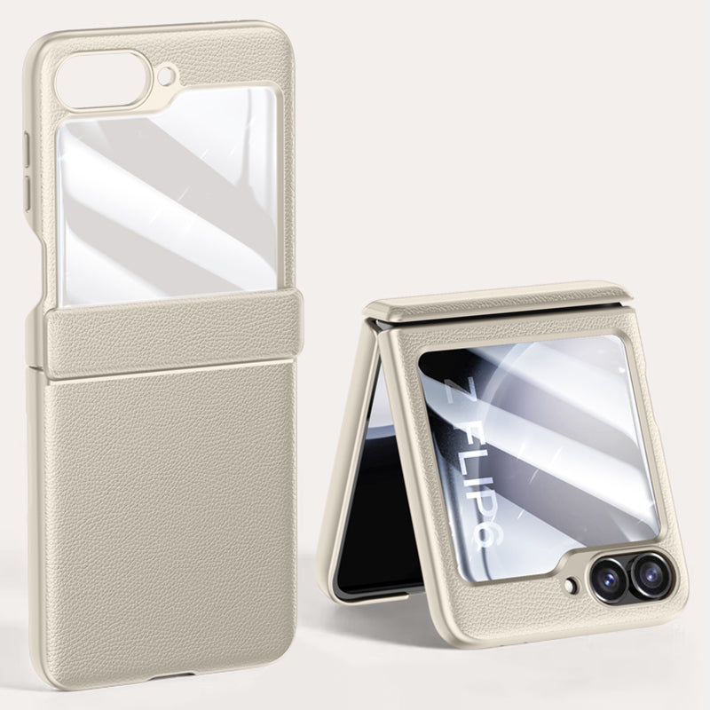 For Samsung Galaxy Z Flip6 5G Case Leather+PC Hinge Design Phone Cover with Rear Screen Film - Titanium Grey For Samsung Galaxy Z Flip6 5G Case Leather+PC Hinge Design Phone Cover with Rear Screen Film - Titanium Grey